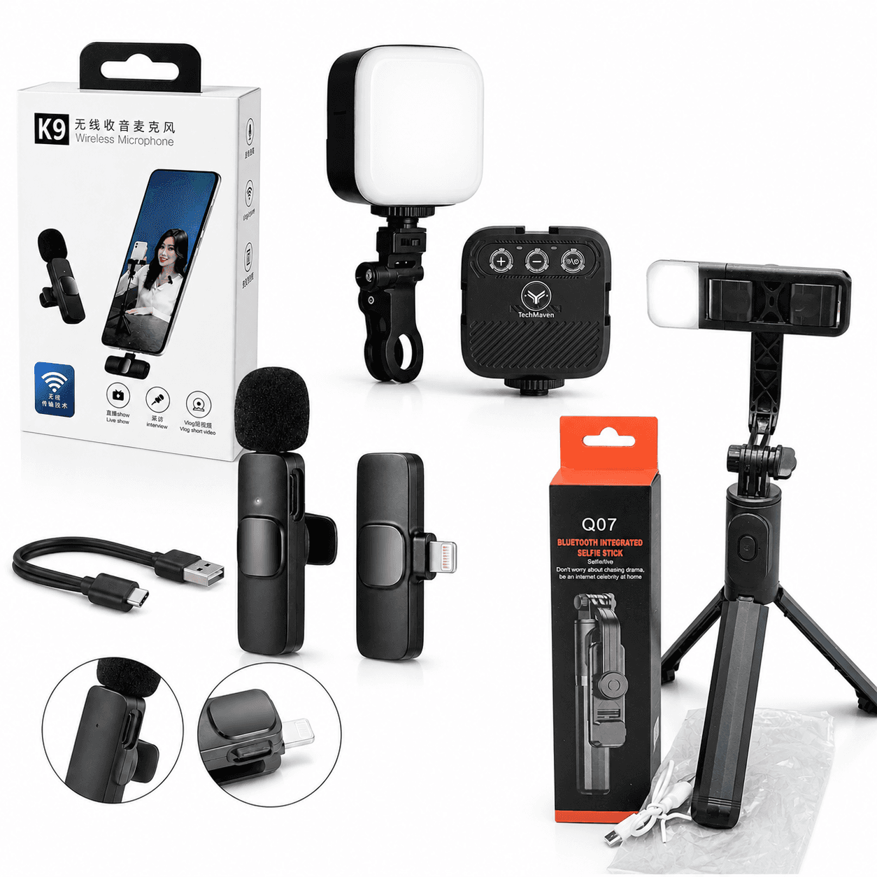 K9 Wireless Microphone Q07 Bluetooth Selfie Stick Tripod LED Video Light